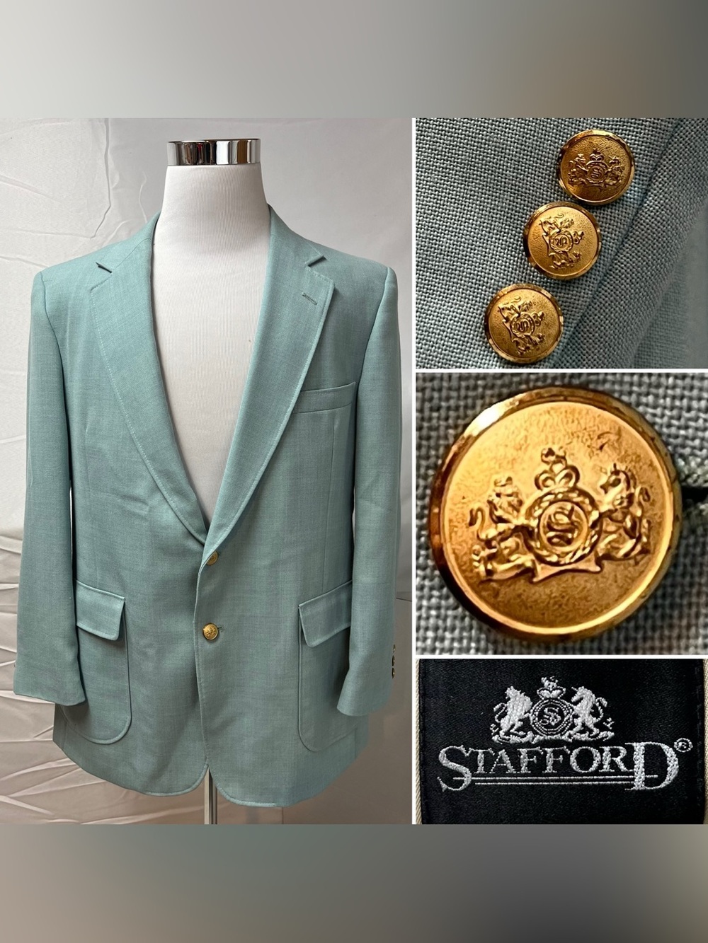 Vintage Men’s 44R Stafford Aqua Light Blue Gold Button Sport Coat Blazer Jacket